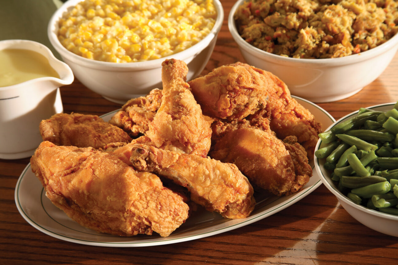 fried chicken gravy corn stuffing and green beans